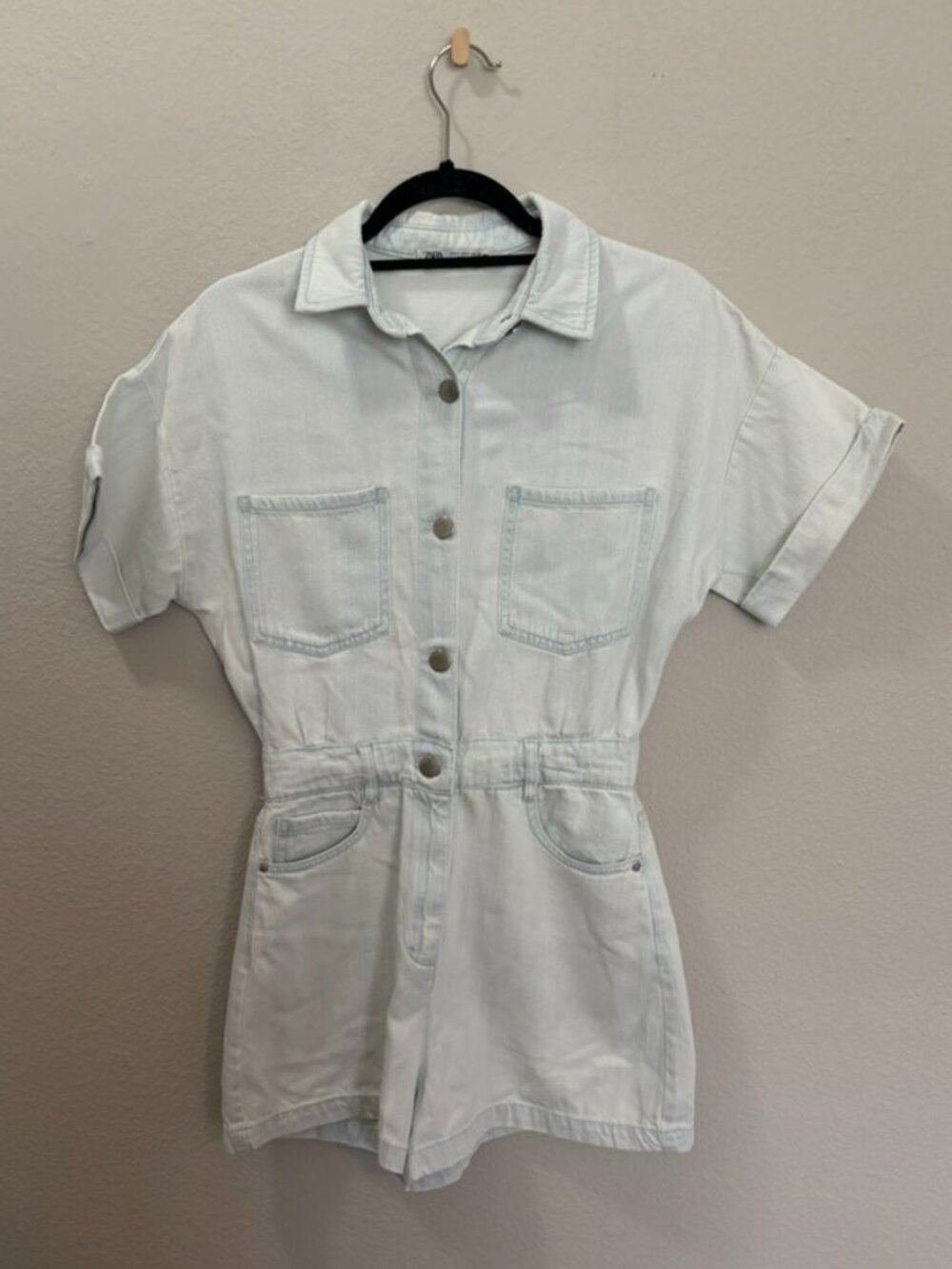 Zara Light Wash Denim Button Front Romper Size Small